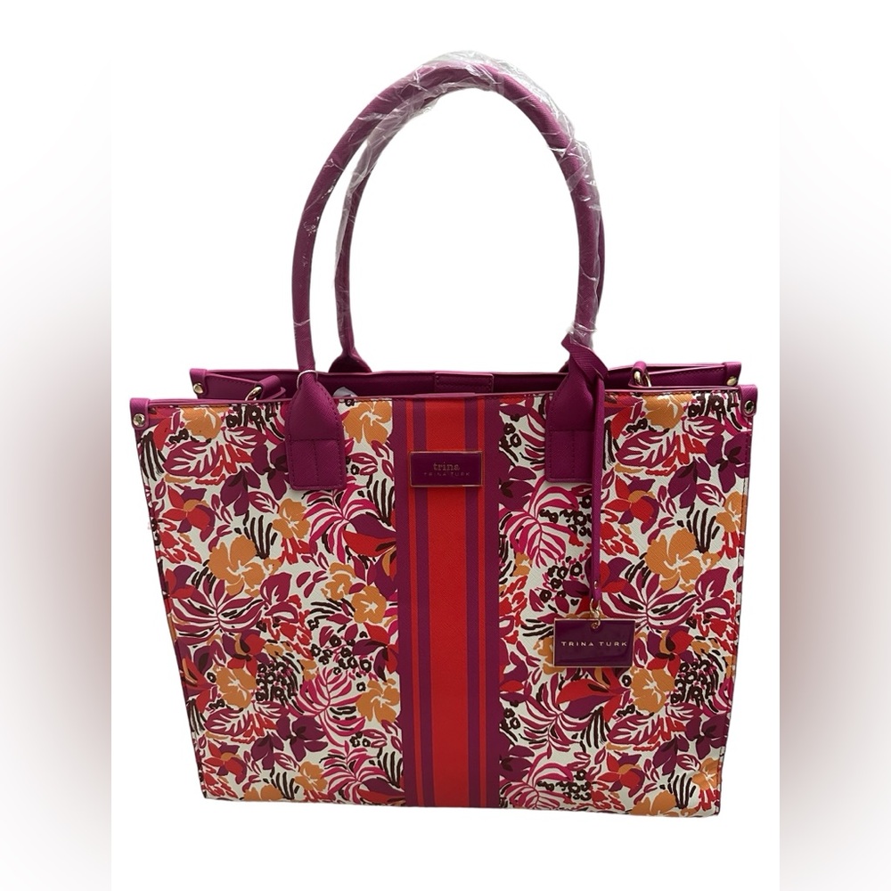 Trina Turk Majorelle Garden w/ Stripe Dark Mauve Large Tote Bag NWT